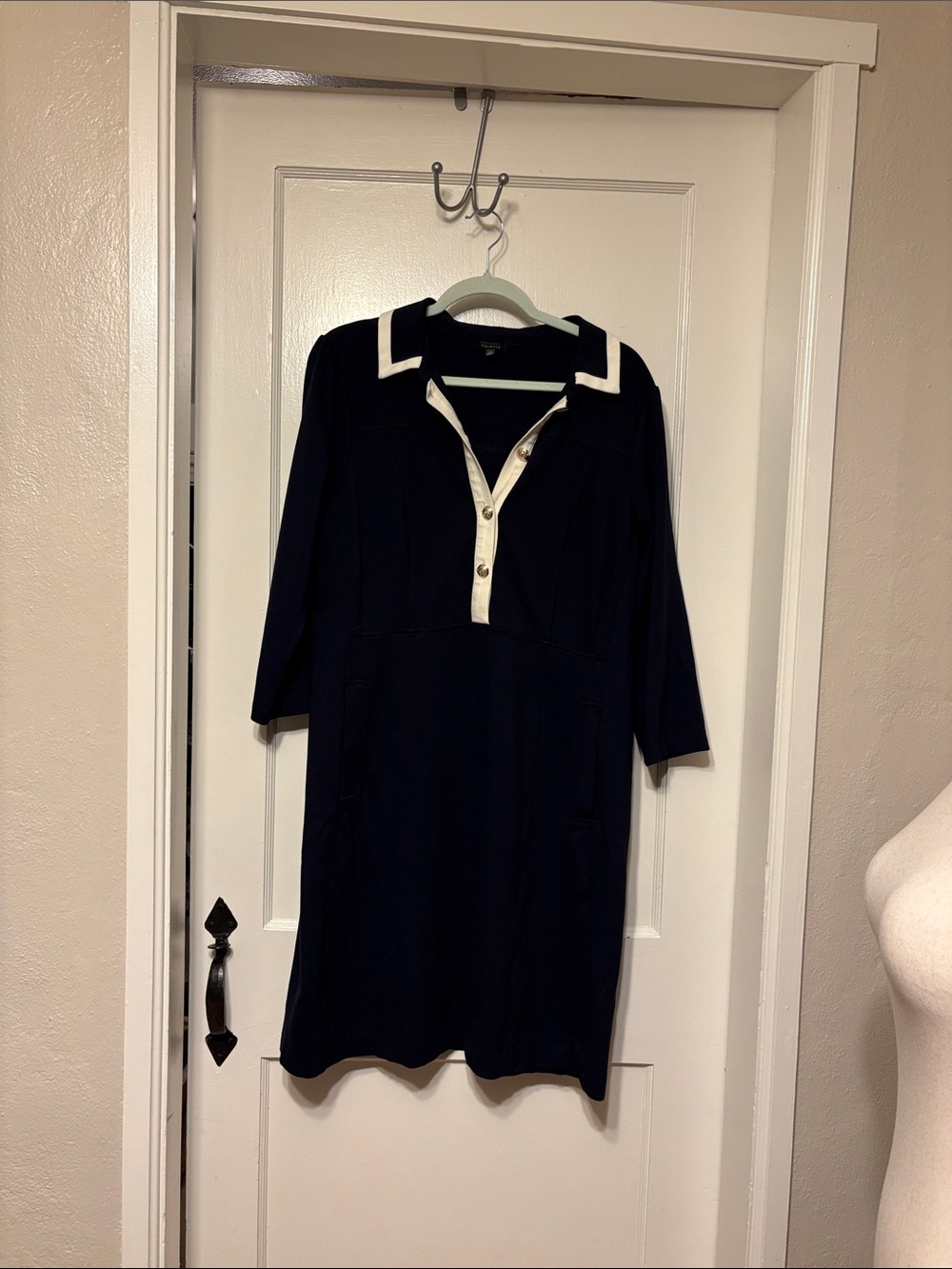 Talbots Navy Ponte Knit with Ivory Contrast-Trim Polo Dress